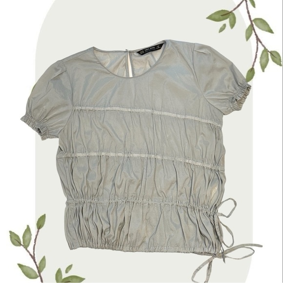 Zara Basics Grey Tie Striped Asymmetrical Short Sleeve Lightweight Top- XS - Picture 1 of 8